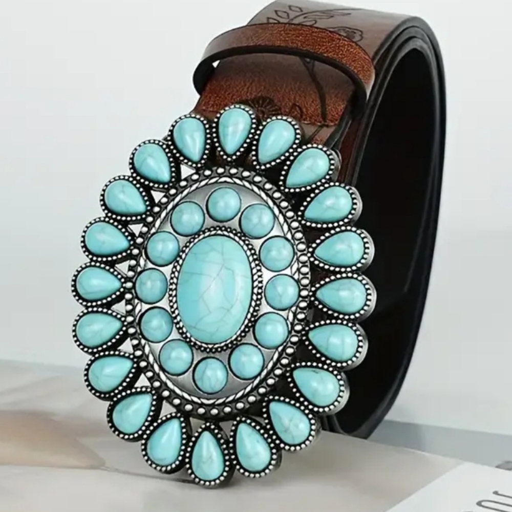New Western turqouise belt buckle and floral PU belt 3 sizes available